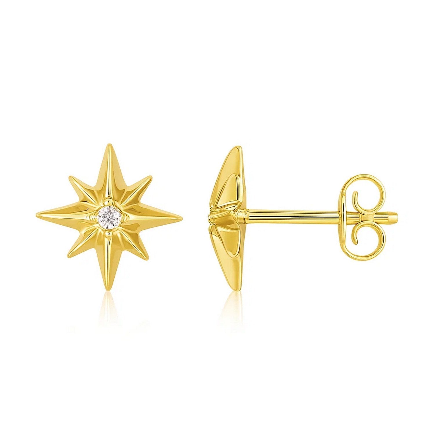 14K Yellow Gold High Polish North Star Diamond Earrings in a sleek high-contrast midnight luxury editorial style